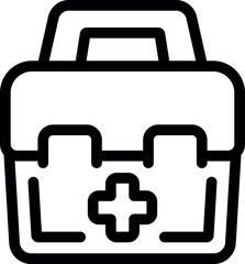 Black and white line art icon of a first aid kit, essential for treating injuries and providing medical assistance