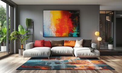 Modern living room with an empty canvas above the sofa