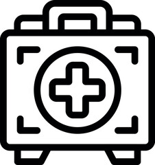 Black and white line art icon of a first aid kit, symbolizing emergency preparedness and medical supplies