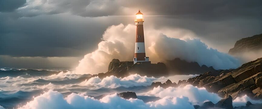 A towering lighthouse stands on a rocky cliff