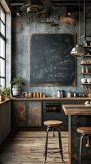 Industrial kitchen with a mockup chalkboard on the wall