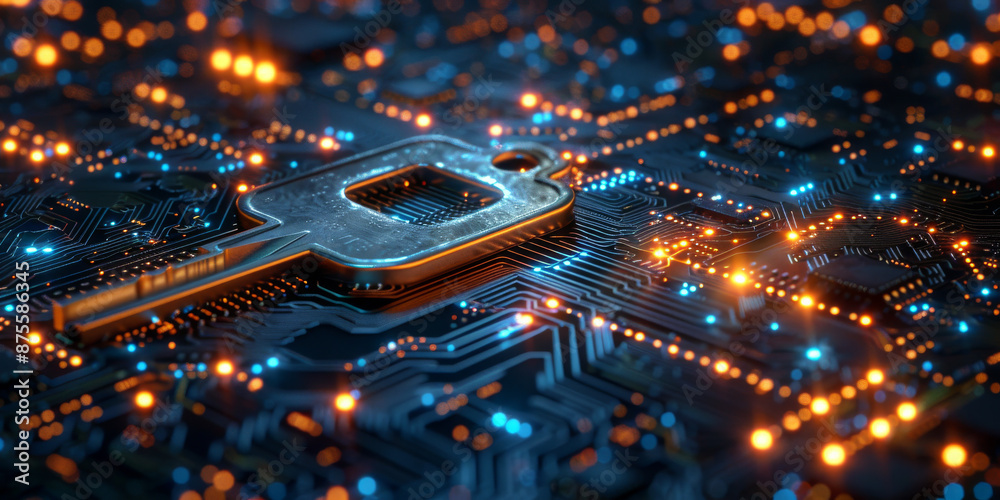 Wall mural key icon on digital circuit board background. digital security and data protection concept.