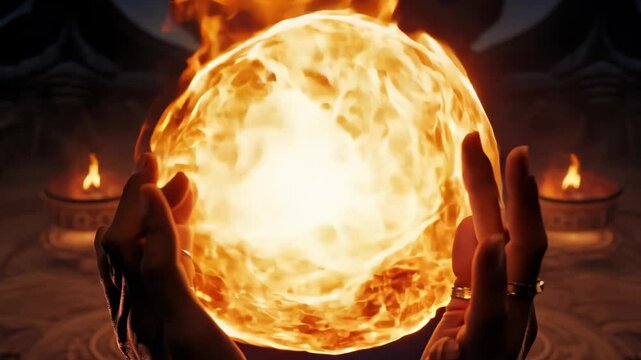 Glowing fireball hovers between outstretched hands. Pulsating sphere of flame and energy. Dark background with mystical symbols. Warm orange and yellow tones contrast with shadowy surroundings.	