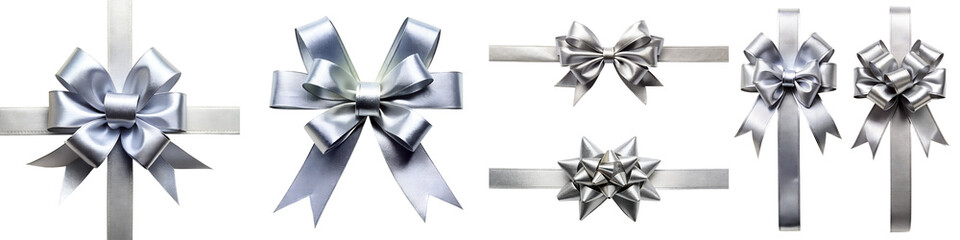 Silver ribbon and bow top view on transparent background PNG file