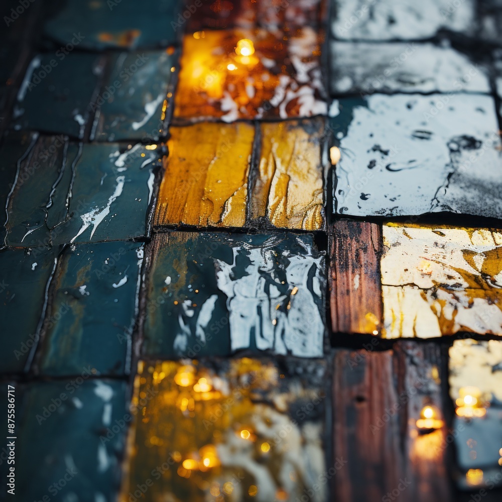 Wall mural a close up view of a colorful tile wall with water droplets on it