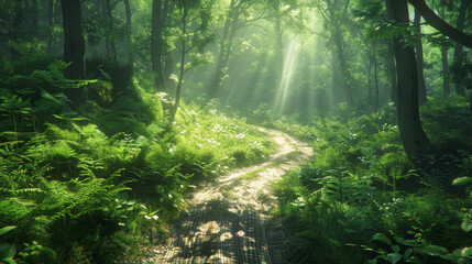 A forest path with sunlight shining through the trees