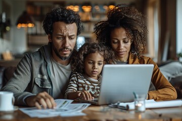 Family Working on Finances with Laptop and Documents