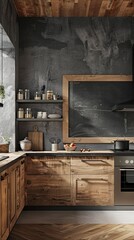 Contemporary kitchen with an empty chalkboard on the wall