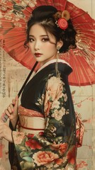 Naklejka premium Japanese woman with a traditional dress, looking elegant