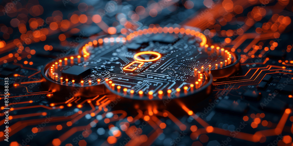 Wall mural key in the cloud with circuit board background. digital security and data protection concept.