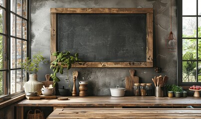 Cozy kitchen with an empty chalkboard on the wall