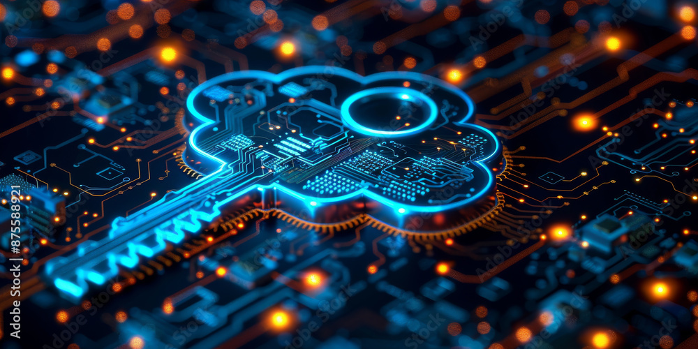 Wall mural key in the cloud with circuit board background. digital security and data protection concept.