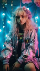 Naklejka premium a girl with blonde hair wearing a shiny jacket