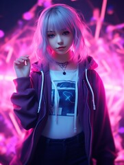 Fototapeta premium a girl with pink hair and a hoodie is standing in front of neon lights