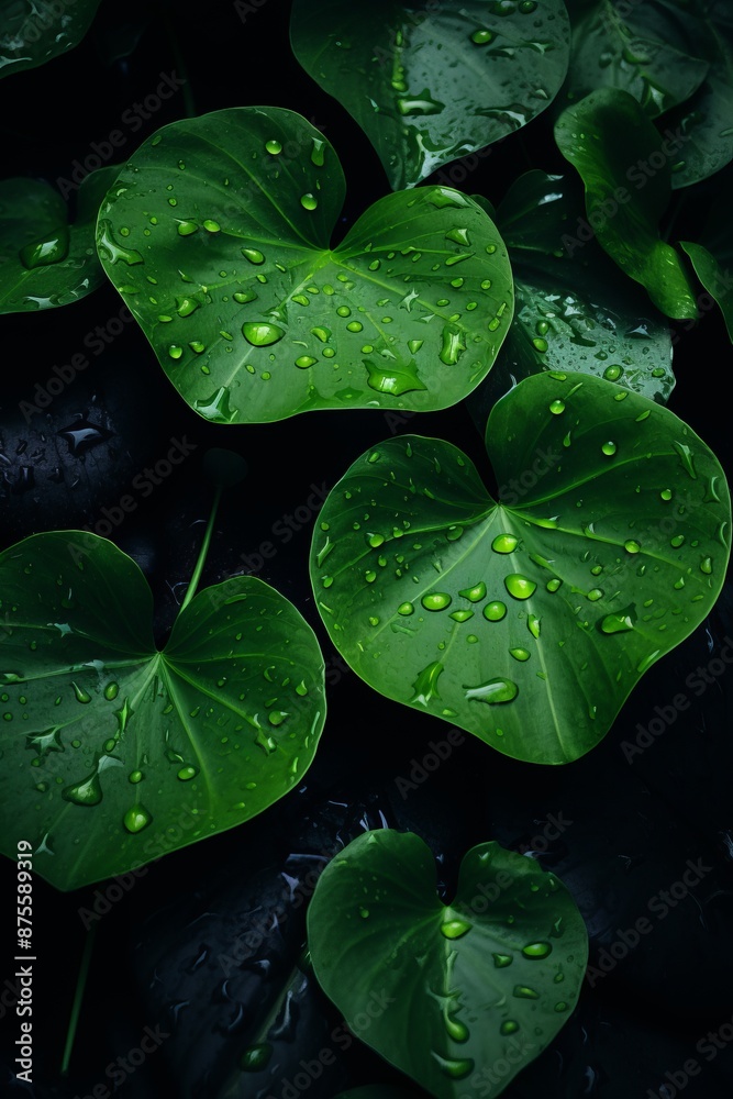 Sticker a group of green leaves with water droplets on them