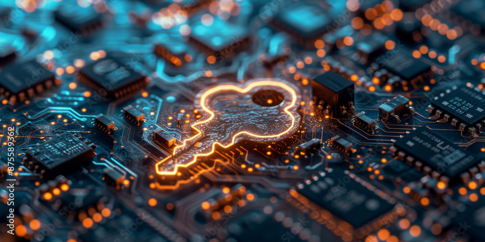 Wall mural key in the cloud with circuit board background. digital security and data protection concept.
