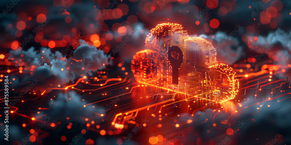 Wall mural key in the cloud with circuit board background. digital security and data protection concept.