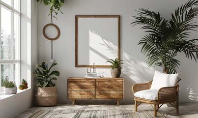 Minimalist bedroom with a mockup frame on the dresser