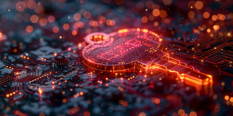 Key in the cloud with circuit board background. Digital security and data protection concept.  