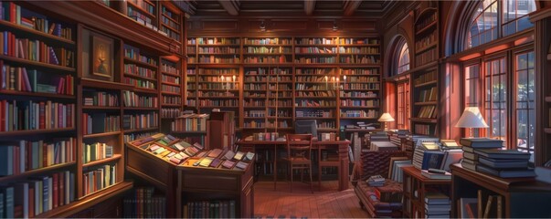 A cozy bookstore with shelves of books. Realistic.