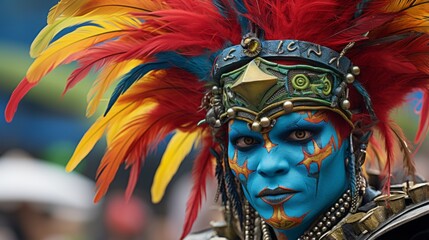 Obraz premium a man with colorful face paint and feathers on his head