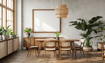 Cozy dining room with a blank frame above the sideboard