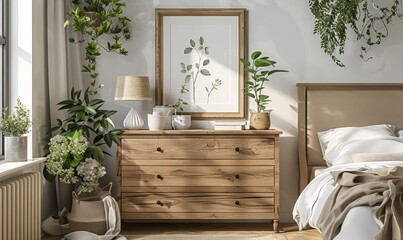 Serene bedroom with a mockup frame on the dresser