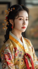 Fototapeta premium Korean woman in traditional attire, looking poised