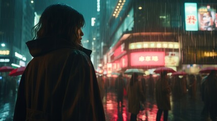 Obraz premium a person standing in the rain with umbrellas