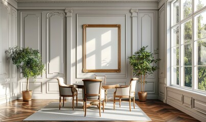 Elegant dining room with an empty frame on the wall