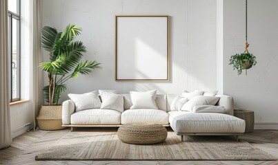 Bright living room with a blank canvas on the wall