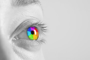 Woman's eye toned in rainbow colors, closeup