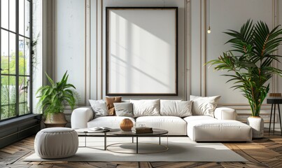 Elegant living room with a blank frame on the wall