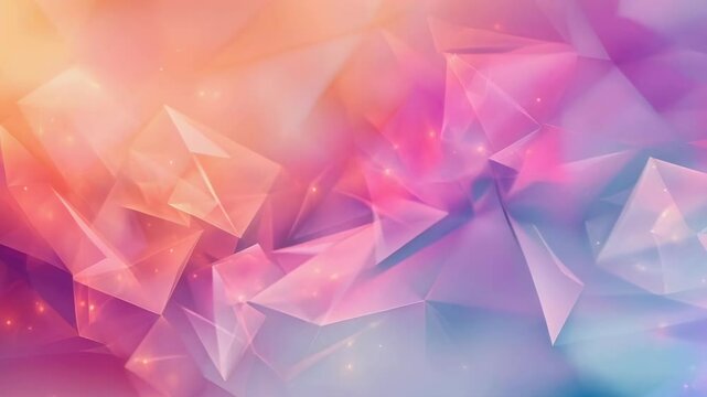Geometric shapes form an abstract pattern in pastel colors of pink, purple, and blue. Light effects create a glowing, ethereal ambiance. Suitable for backgrounds or modern art displays.