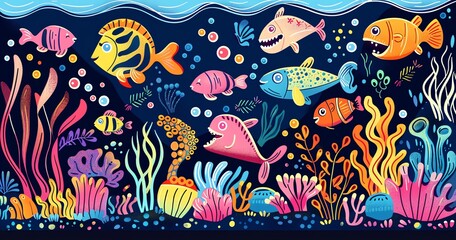 Playful fish and coral reefs in vibrant colors cartoon doodle background
