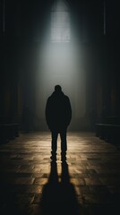 a silhouette of a man standing in a dark room