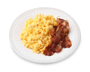 Delicious scrambled eggs with bacon on plate isolated on white