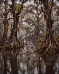 A bunch of trees in the marshy landscape covered with hanging moss. 