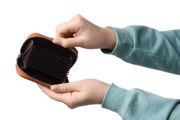 Woman with empty wallet on white background, closeup
