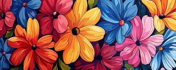Colorful stylized flowers with bold outlines