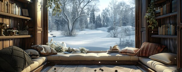 A cozy reading nook with a window overlooking a snowy landscape (realistic)