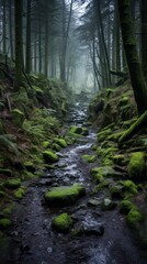 Fototapeta premium a stream running through a forest with mossy rocks