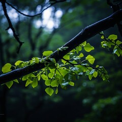Fototapeta premium a tree branch with green leaves hanging from it