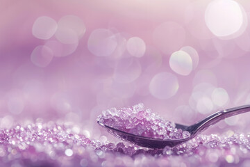 Fototapeta premium sparkling purple crystals on a spoon with bokeh background