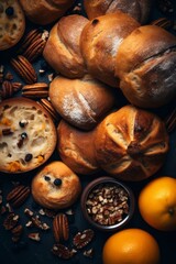 a variety of breads oranges and nuts on a black background