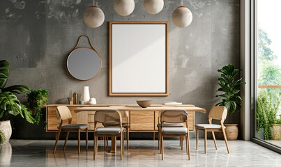 Modern dining room with an empty frame on the sideboard