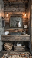 Rustic bathroom with an empty wall frame above the sink