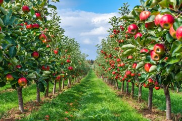 Fototapeta premium Ripe red apples on trees in orchard ready for harvest under clear blue sky, almost ripe for picking