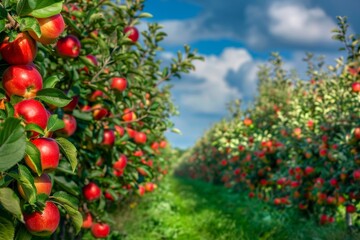 Vibrant apple orchard with ripe red apples on trees under clear blue sky, ready for harvest