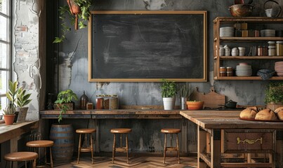 Bright kitchen with a blank chalkboard on the wall